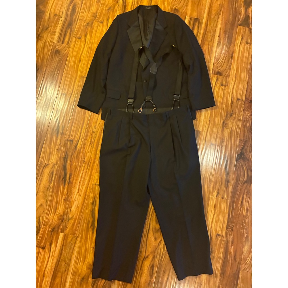 Vintage Cricketeer Mens Black 100% Wool Tuxedo Suit with Suspenders Peaked Lapel